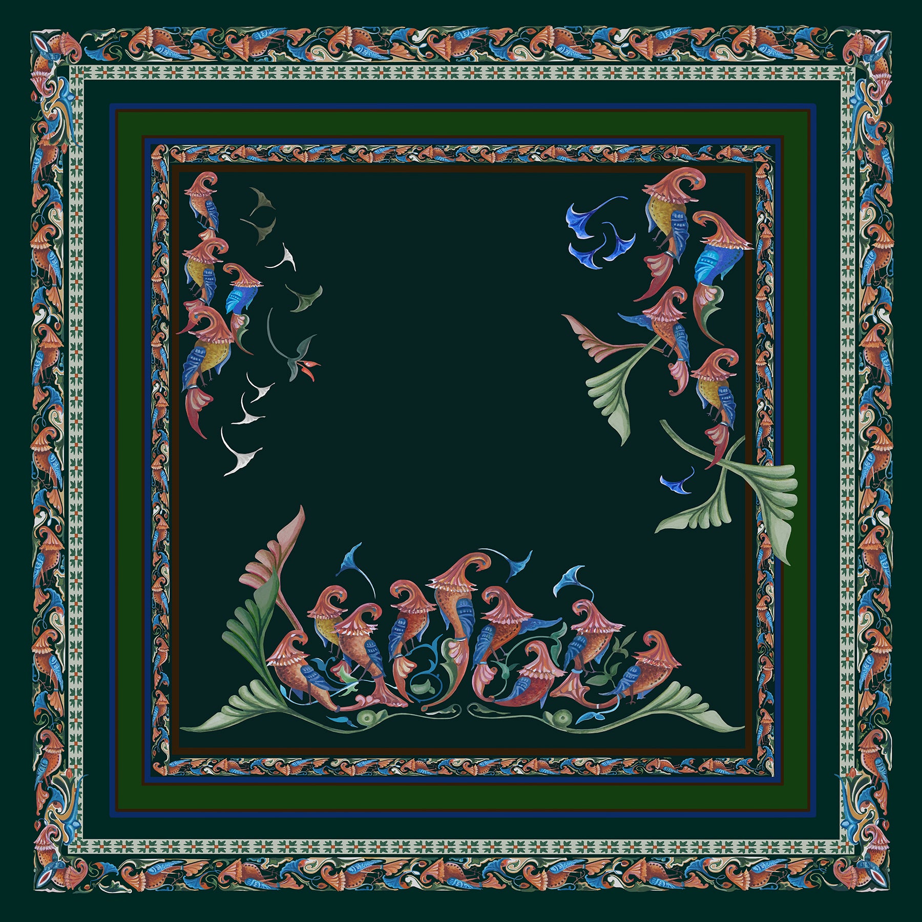 Tropical birds of paradise on sheer lightweight wool silk blend scarf. Classy and elegant with originality