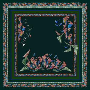 Tropical birds of paradise on sheer lightweight wool silk blend scarf. Classy and elegant with originality