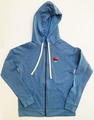 Blue zipper hoodie with draw string and a heart on left side 