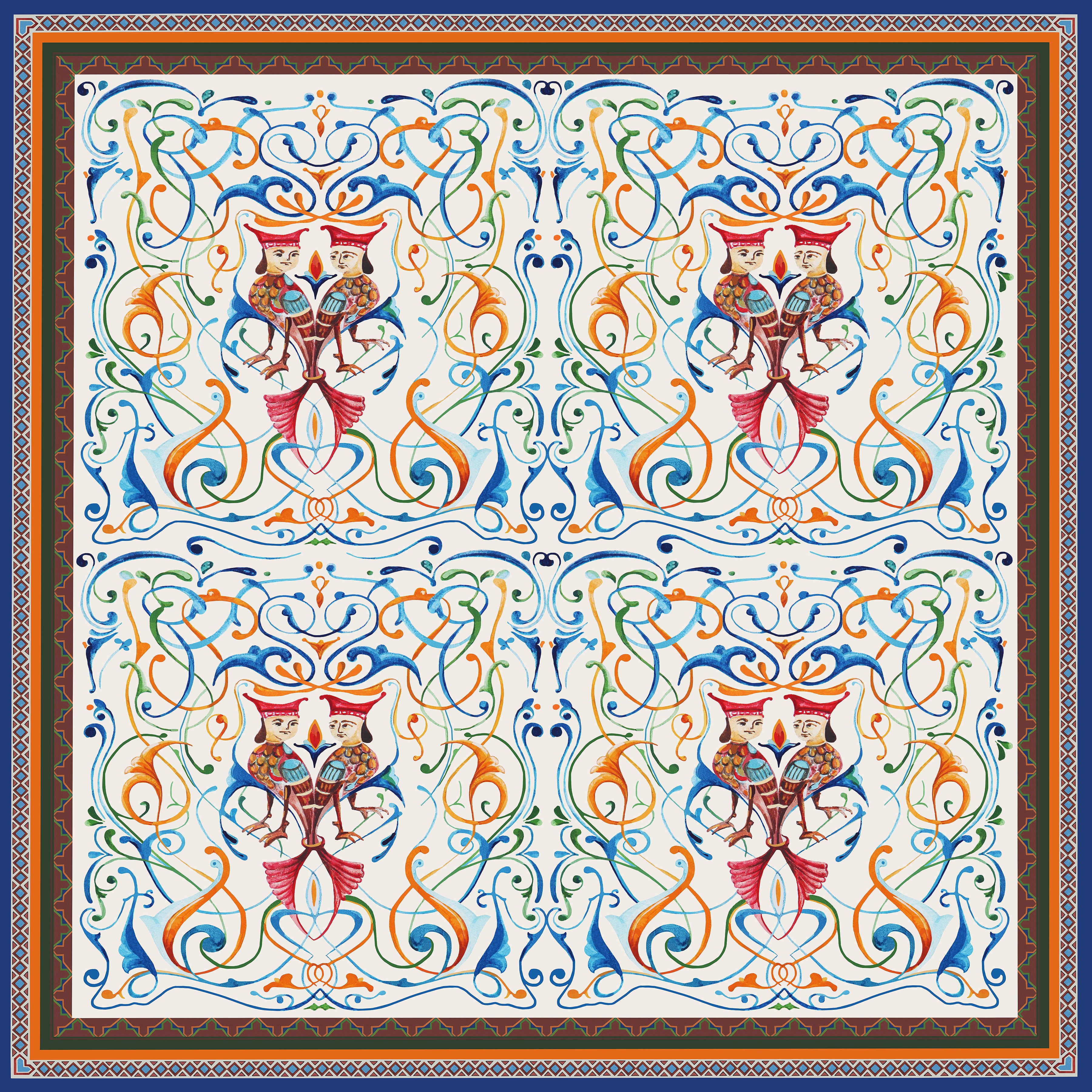 Brilliant colors showcase Egyptian two head bird the BA on silk twill fabric from Como, Italy