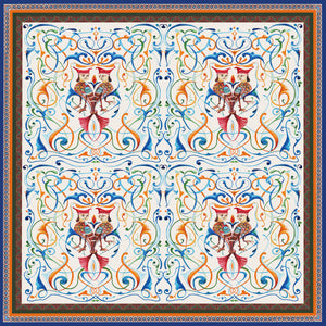 Brilliant colors showcase Egyptian two head bird the BA on silk twill fabric from Como, Italy